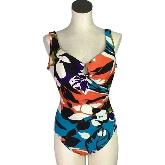 Miraclesuit Womens 14 Tropical Floral Swimsuit White Multicolor Padded Ruched - Picture 1 of 8